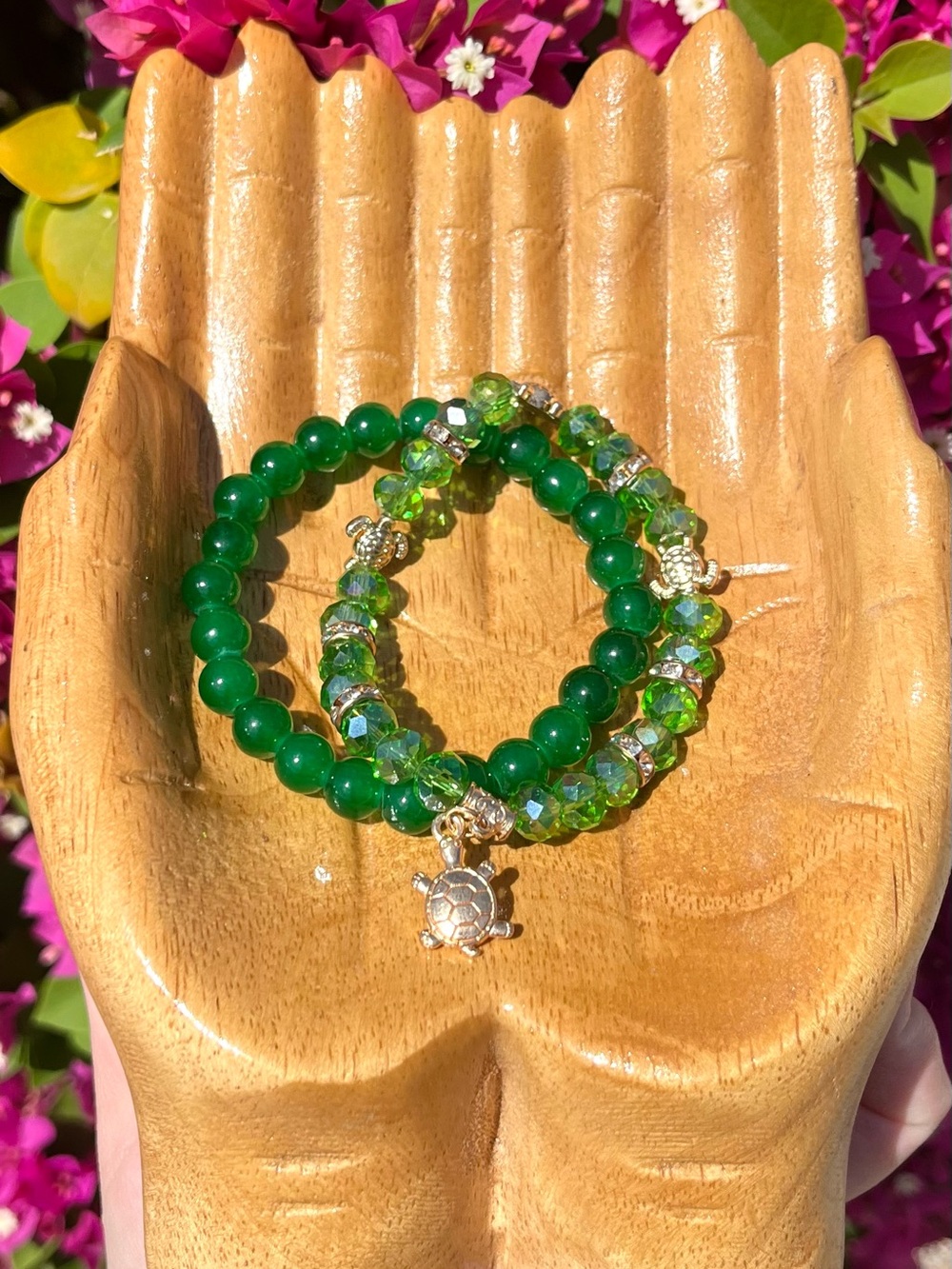 Green Glass Beaded Bracelets with Turtle Charms